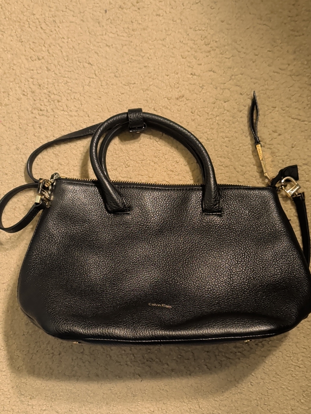 Calvin Klein Black Pebbled Leather Satchel with Gold Accents